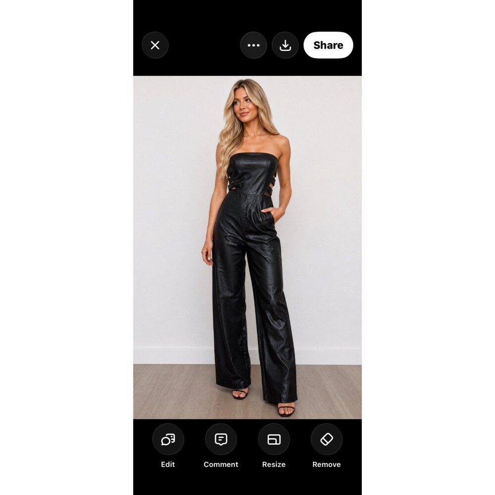NWT Forever 21 Black Faux Leather Cutout Wide Leg Cargo Jumpsuit One Piece Sz M